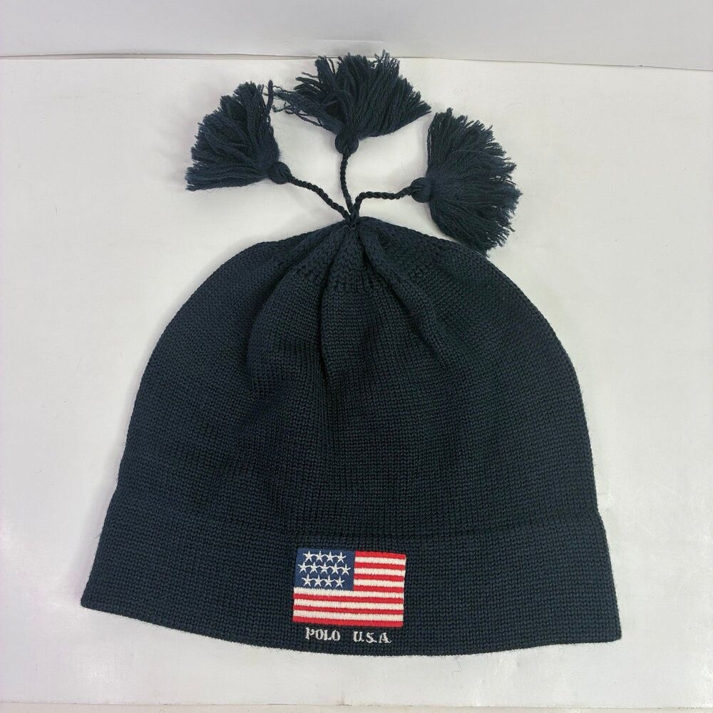 Polo Ralph Lauren Beanie Navy Blue Polo USA Flag Wool Tassels